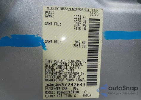 2020 Nissan Altima S Fwd z USA, uszkodzony, nr VIN 1N4BL4BV2LC247643